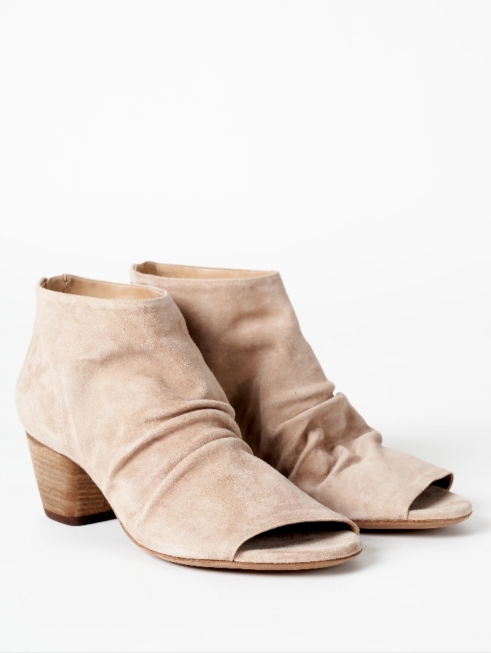 $595 OFFICINE CREATIVE Italy Ruched Booties Suede Zip Block Heel Open Peep Toe 9